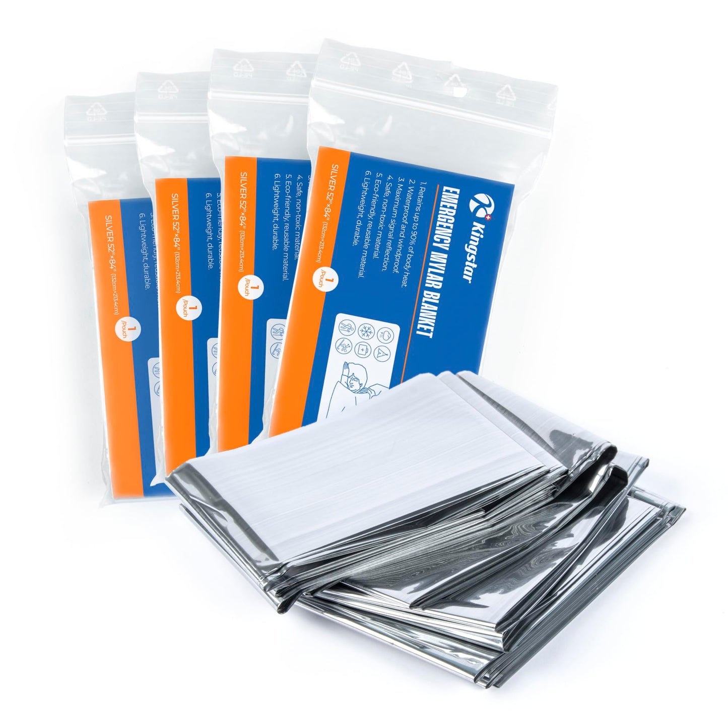 Emergency Blankets 4 Packs, 84" L x 52" W, Reusable Mylar Thermal Blankets for Survival Gear, Ideal for Camping, Hiking & First Aid, Retains 90% Body Heat in Cold, Snow & Winter Emergencies