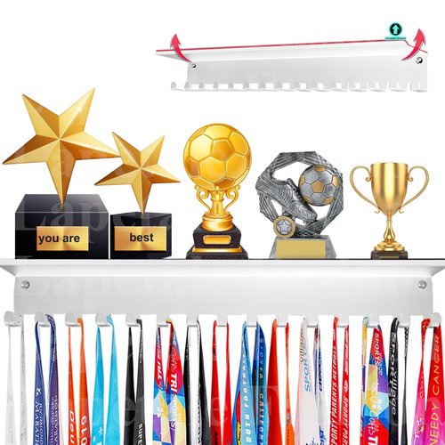Lapetale Fashion Non-Slip White Trophy Shelf - 16 Inch Medal Hanger Display For Wall with Upgraded Shelves For Trophies, Gymnastics, Soccer, Swim