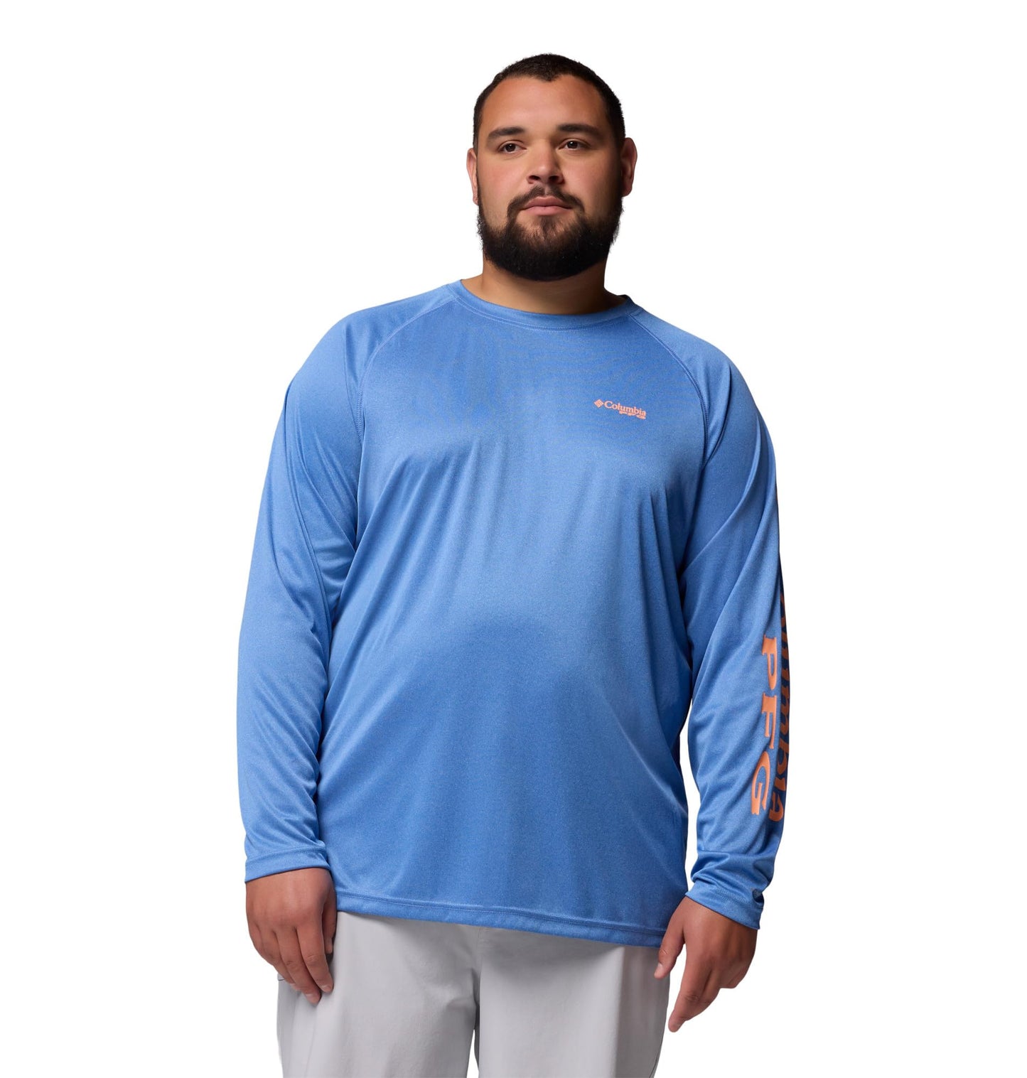 Columbia Men's PFG Terminal Tackle Long Sleeve Fishing Shirt, Vivid Blue Heather/Bright Nectar Logo, 5X Tall