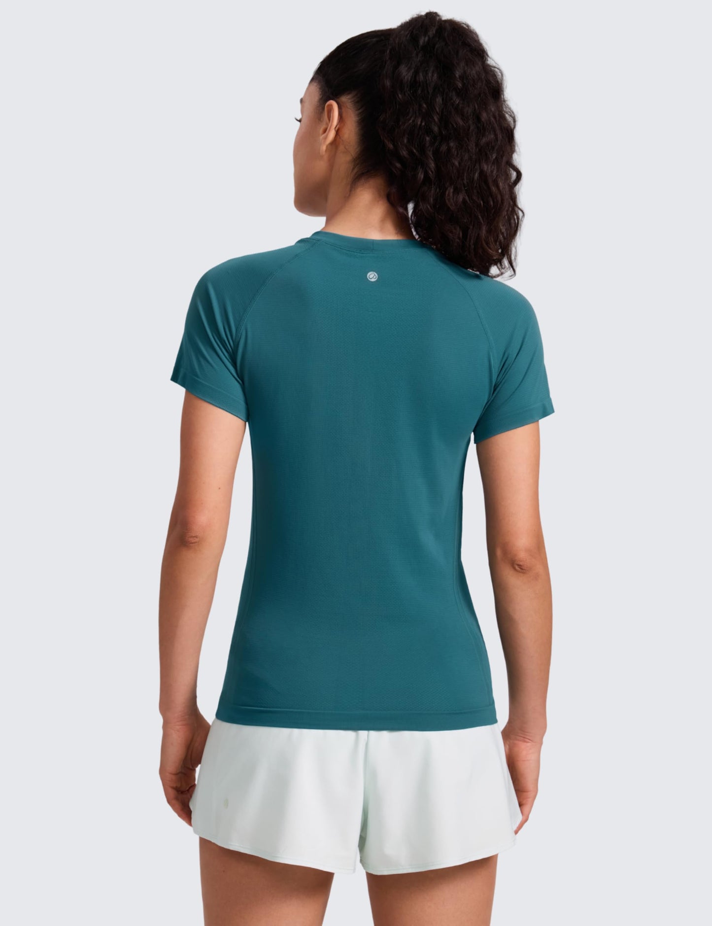 CRZ YOGA Seamless Workout Tops for Women Hip Length - Athletic Running Gym Yoga Short Sleeve Shirts Breathable Crewneck Tees Green Jade XX-Small