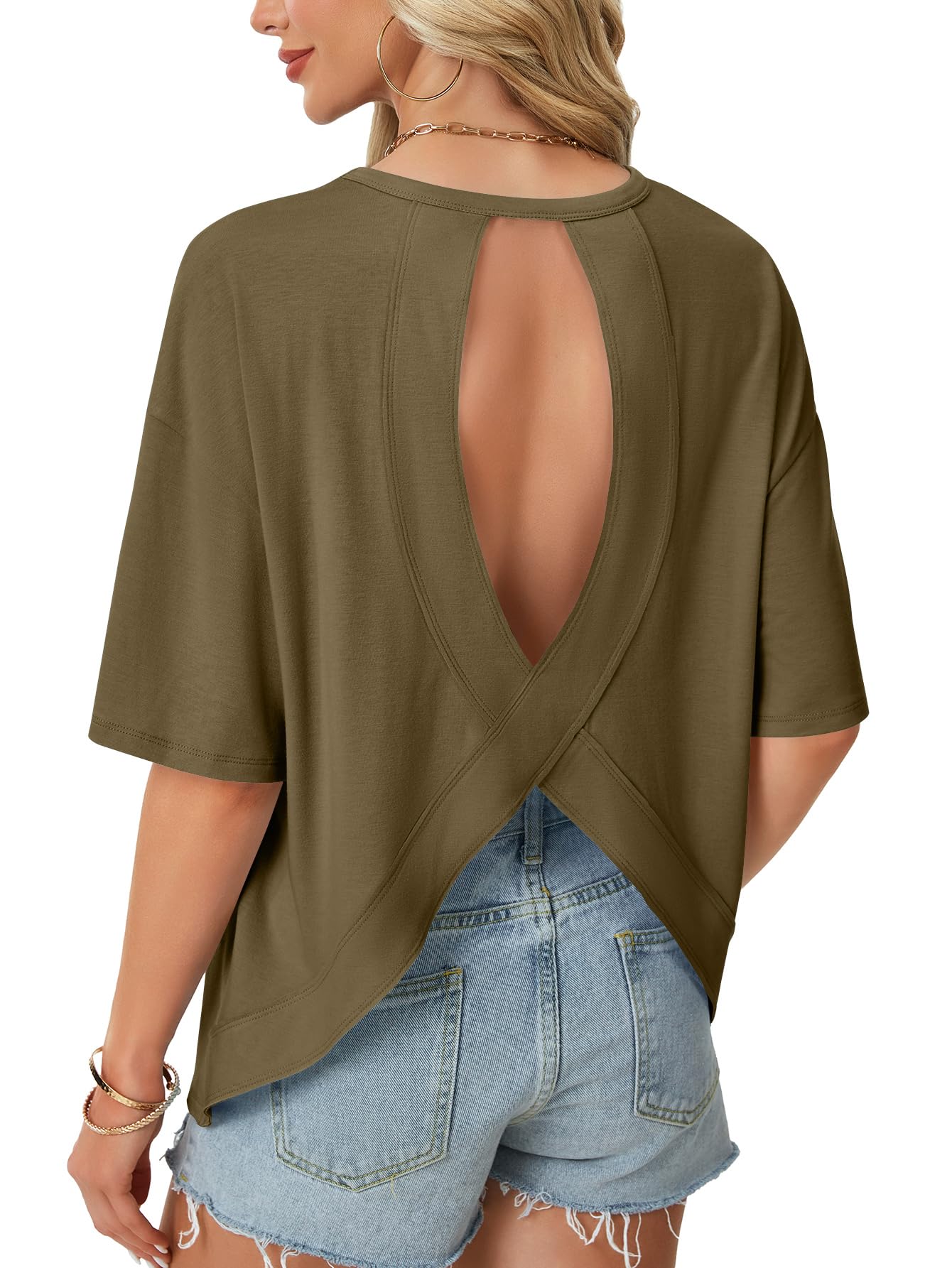 Rooscier Women's Open Back Workout Tops Oversized Backless Cut Out Half Sleeve Crew Neck Casual Y2k T Shirts Blouse
