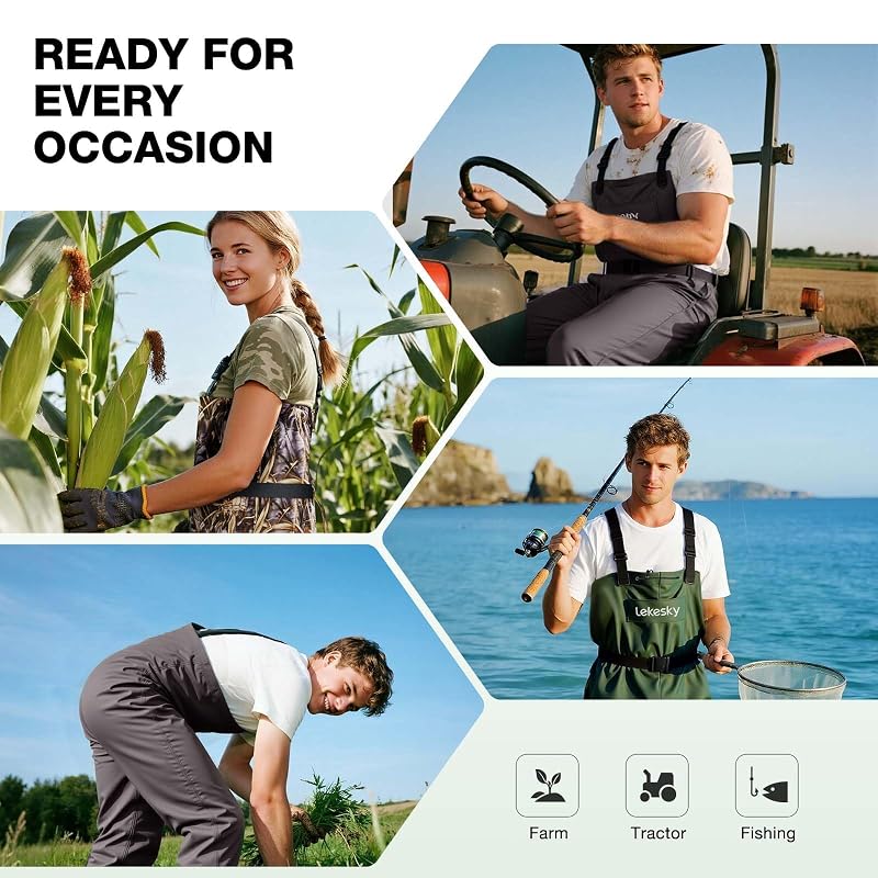 Lekesky Fly Fishing Chest Waders with Boots – 2-Ply Nylon/PVC, US 5–14, Brown + M10 Variation