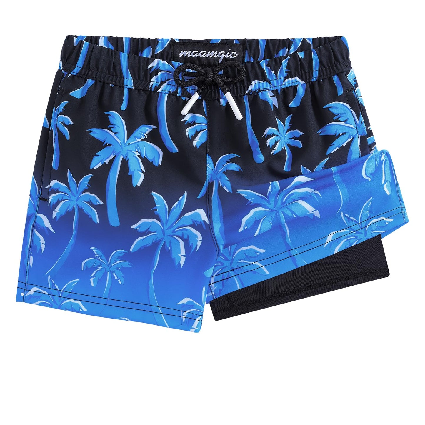 maamgic Boys Swim Trunks with Compression Liner Toddler Stretch Swim Shorts Quick Dry Swimming Trunks Boxer Brief 2 in 1 Beach Shorts Blue Coconut Tree 5/6