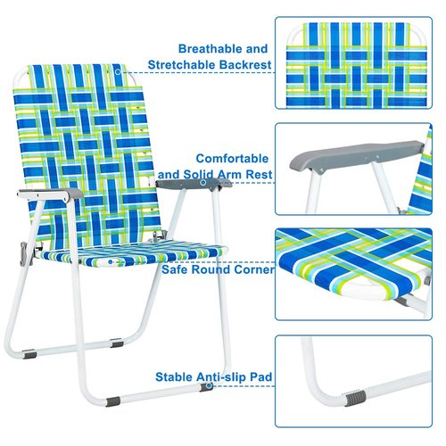 VINGLI Patio Lawn Webbed Folding Chairs Set of 2, Outdoor Beach Portable Lawn Chair Camping Chair Beach Chair for Yard, Garden Dining (Blue, Classic)