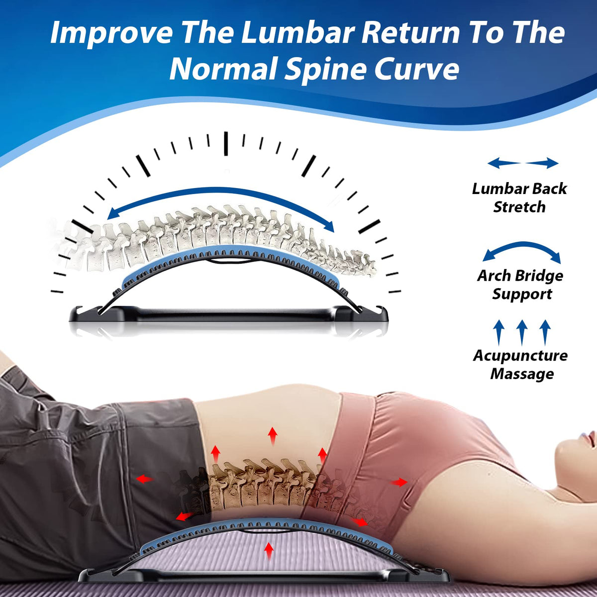 MINOLL Back Stretcher for Lower Back Pain Relief, Multiple Level Adjustable Arch Lumbar Back Cracker Board, Back Cracking Device, Back Massager for Scoliosis, Spine Decompression Support