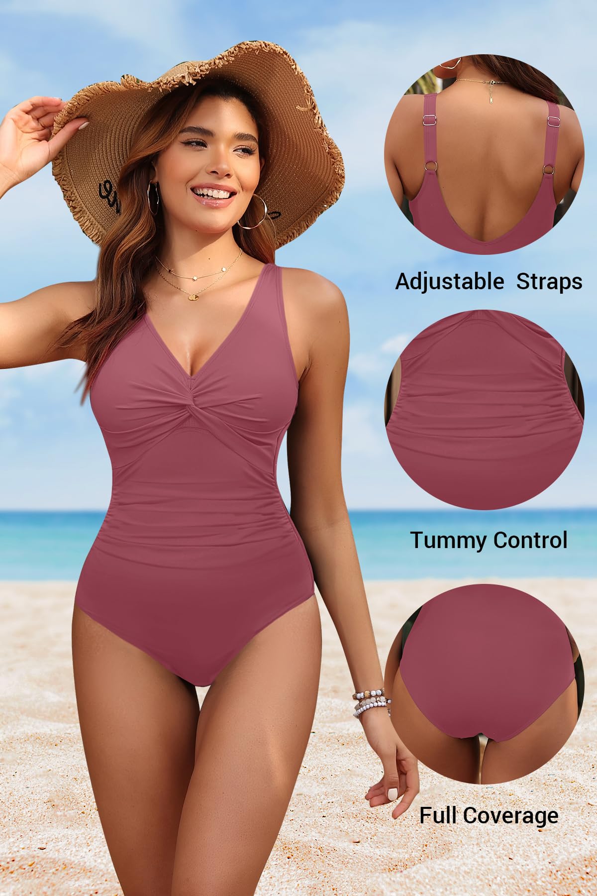 Holipick Blush Red Women Tummy Control One Piece Swimsuit - Push Up Bathing Suit Full Coverage Slimming Swimwear XL