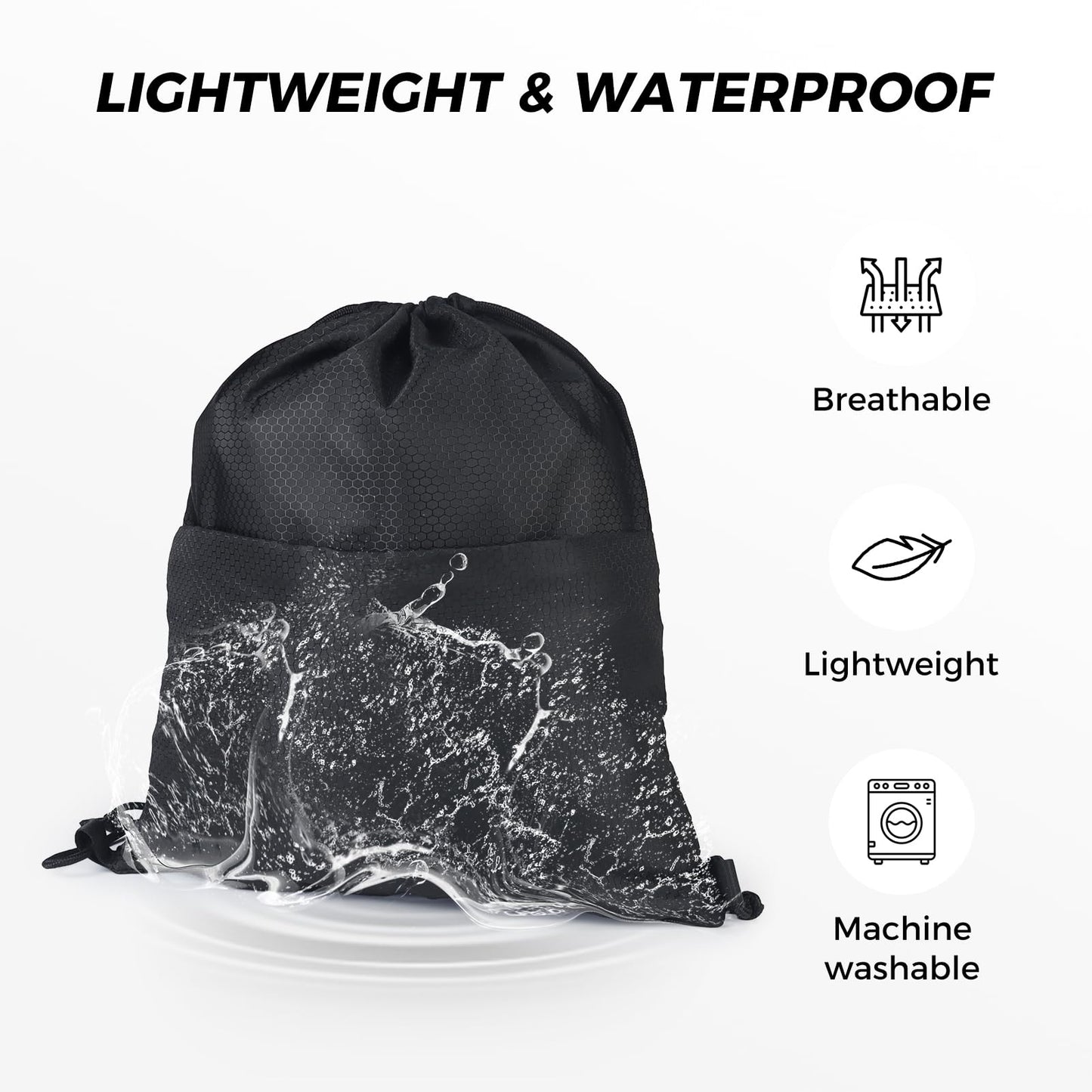Moyad Drawstring Backpack Gym Bag for Men & Women, Lightweight Swim Bag with Front Zipper Pocket for Sports, Beach, Travel, Yoga, Soccer, Basketball - Honeycomb Black