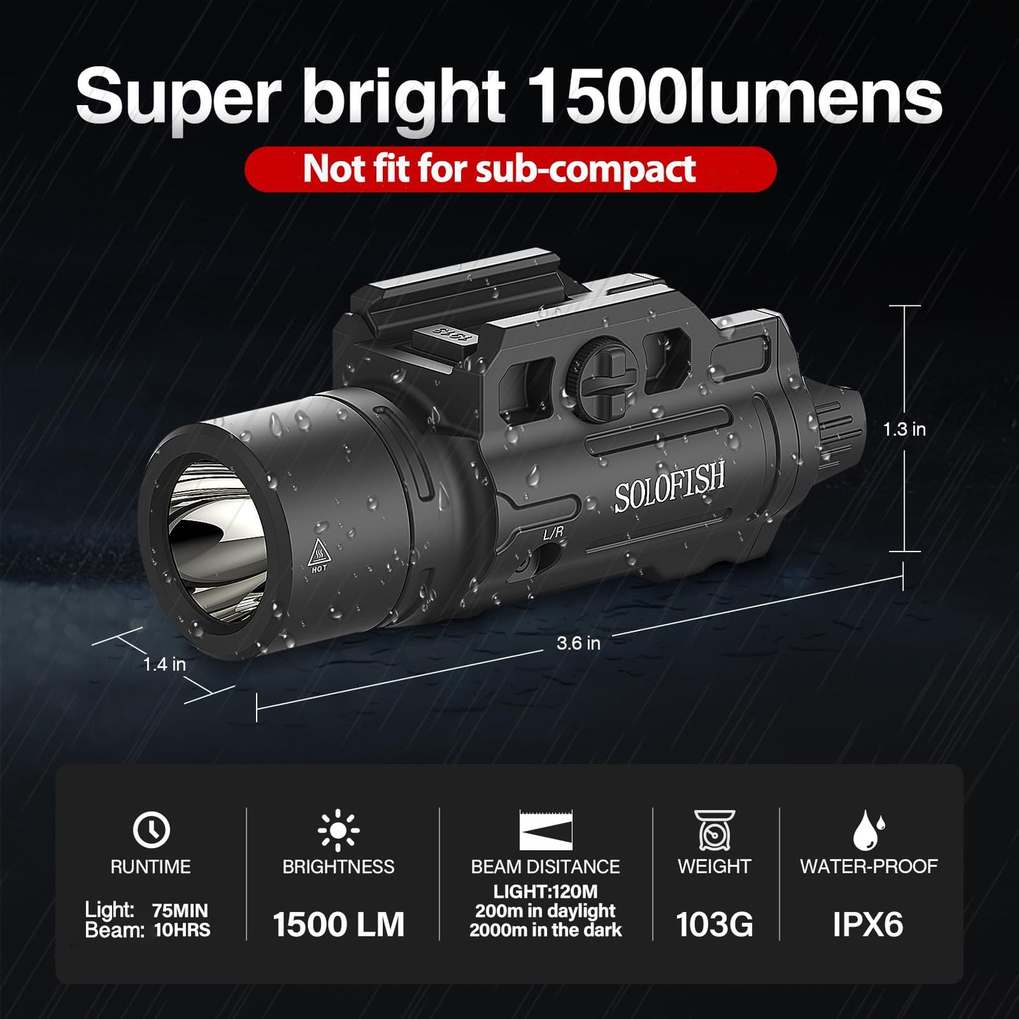 Solofish 1500lm Slidable Pistol Light and Green Beam Combo with Strobe/Momentary, Rechargeable Tactical Flashlight Compatible with Picatinny Rail