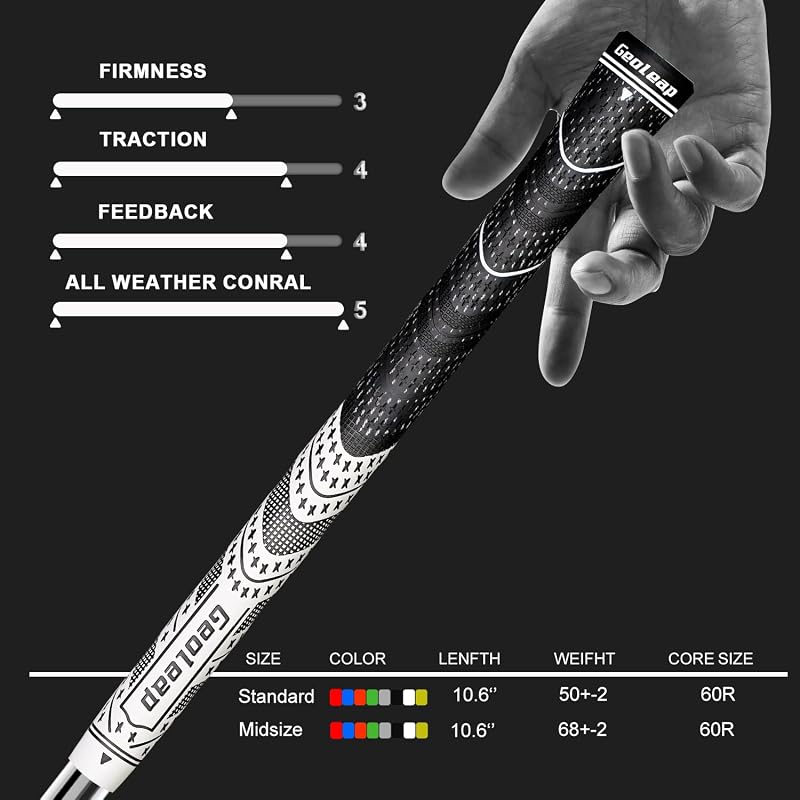 Geoleap Golf Grips Set of 13 - Hybrid Natural Rubber & Cotton, White, Midsize