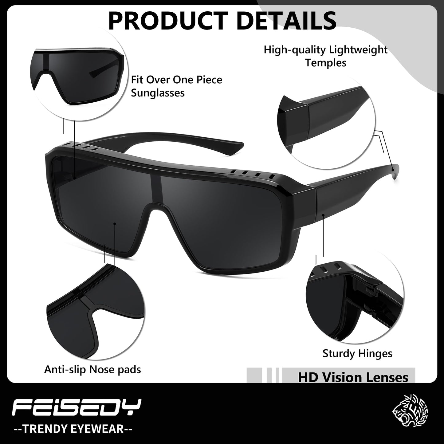 FEISEDY Oversized Square Sunglasses Fit Over Glasses for Men Women, Wrap-around One Piece Shades, Driving Outdoors B0332