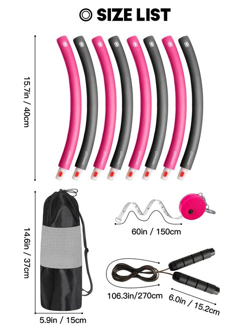 Phobby Weighted Exercise Hoop for Adults, 2.2lb Detachable Fitness Hoop, Adjustable Hoops with Jump Rope, Tape Measure and Carry Bag, Home Gym Workout (Pink Grey)