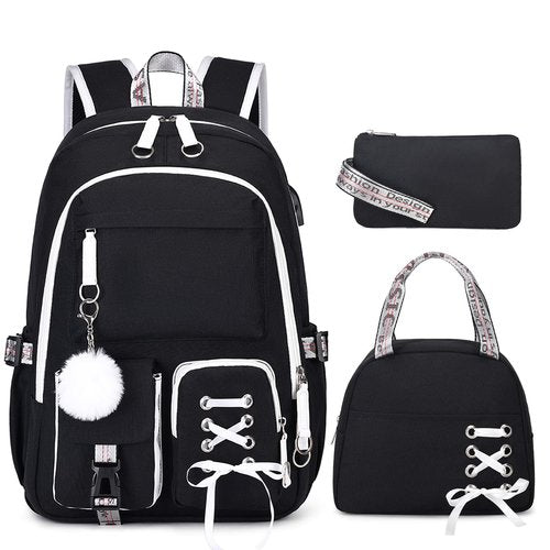 ACESAK Backpacks for Girls, Girls Backpack with Lunch Box and Pencil Case for Teen Kids Elementary Middle High School College Student, Children School Backpack Bookbag with USB Charging Port (Black)