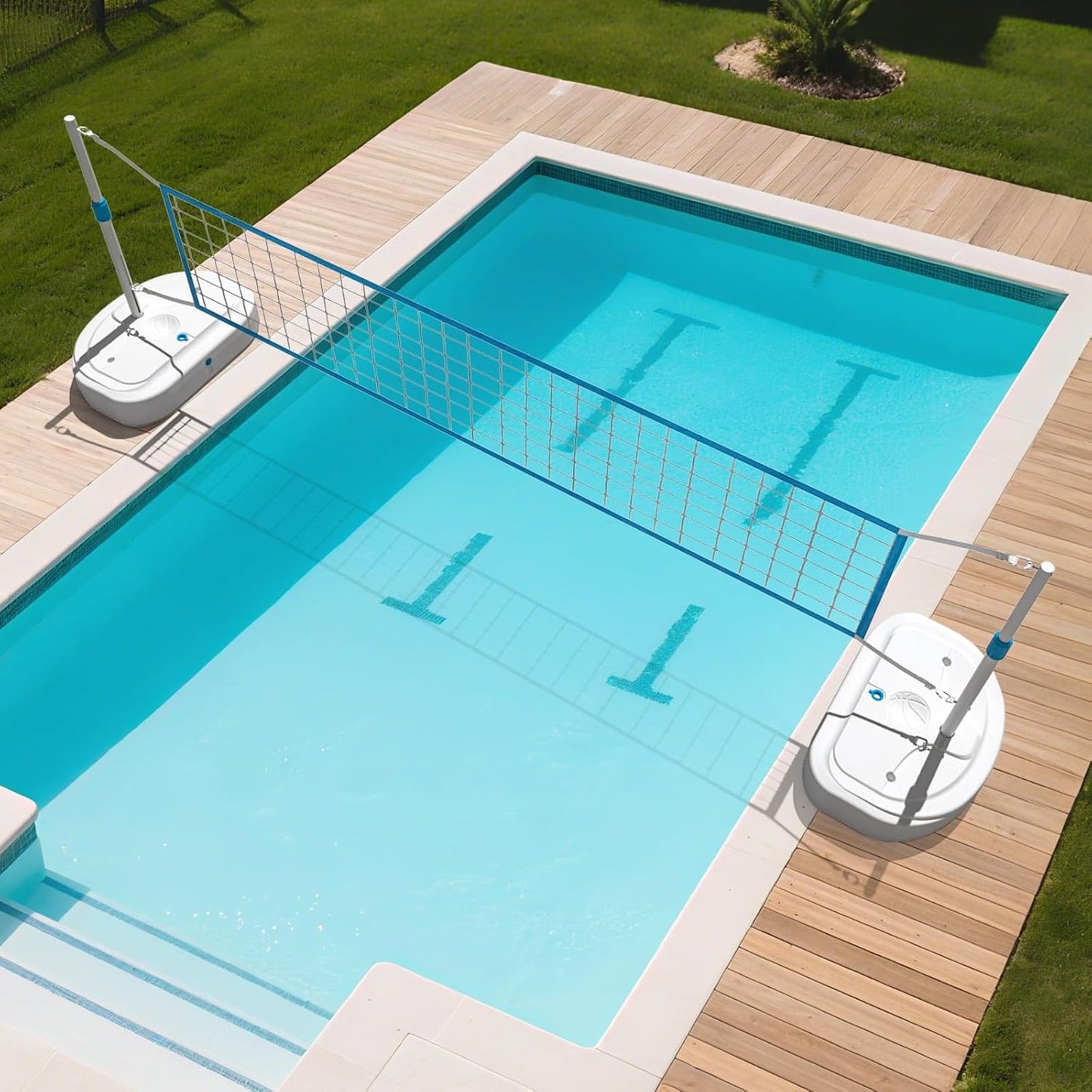 IGL Pool Volleyball Set, Pool Volleyball Net for Inground Pools with 15 ft Length Net, Adjustable Water Volleyball Net Set, Includes 2 Water-Filled Base, 2 Volleyballs & Pump