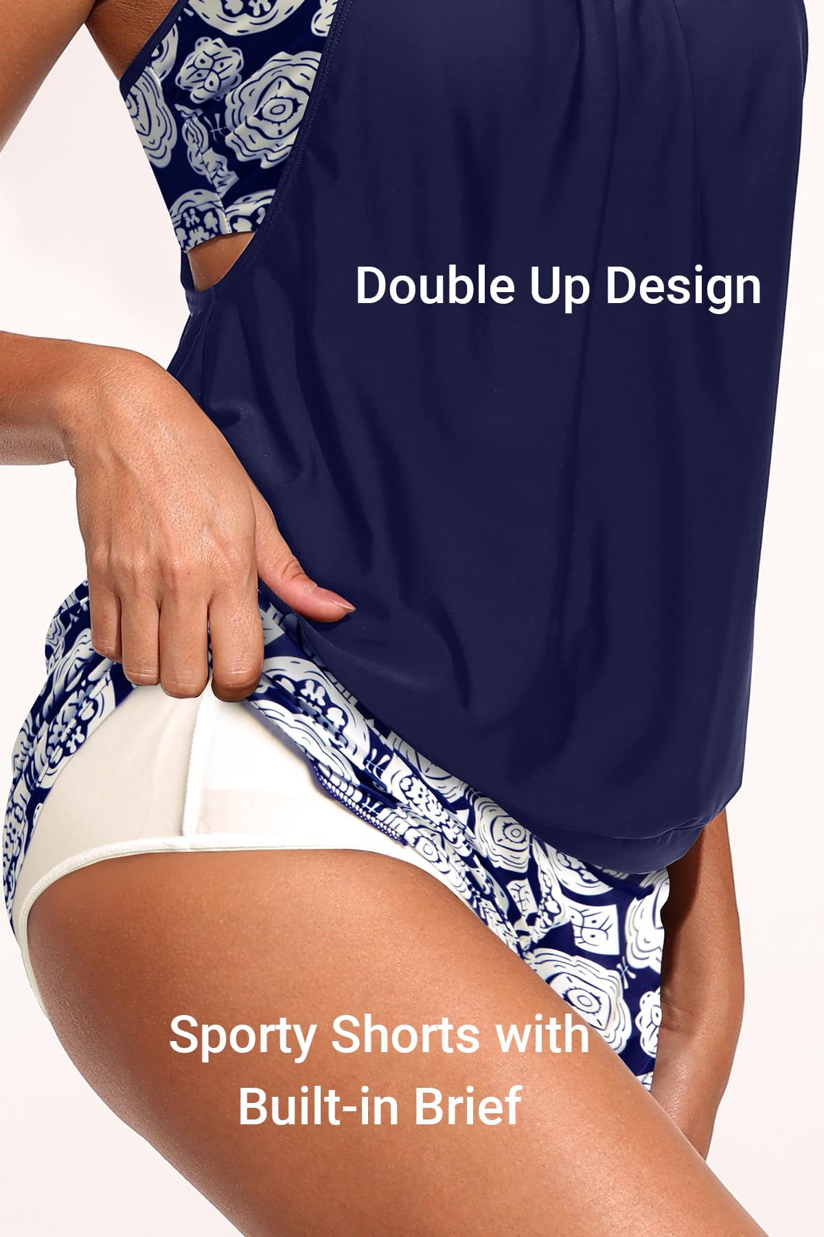 Womens 2 Piece Tankini Swimsuit Blouson Bathing Suit with Pockets Shorts
