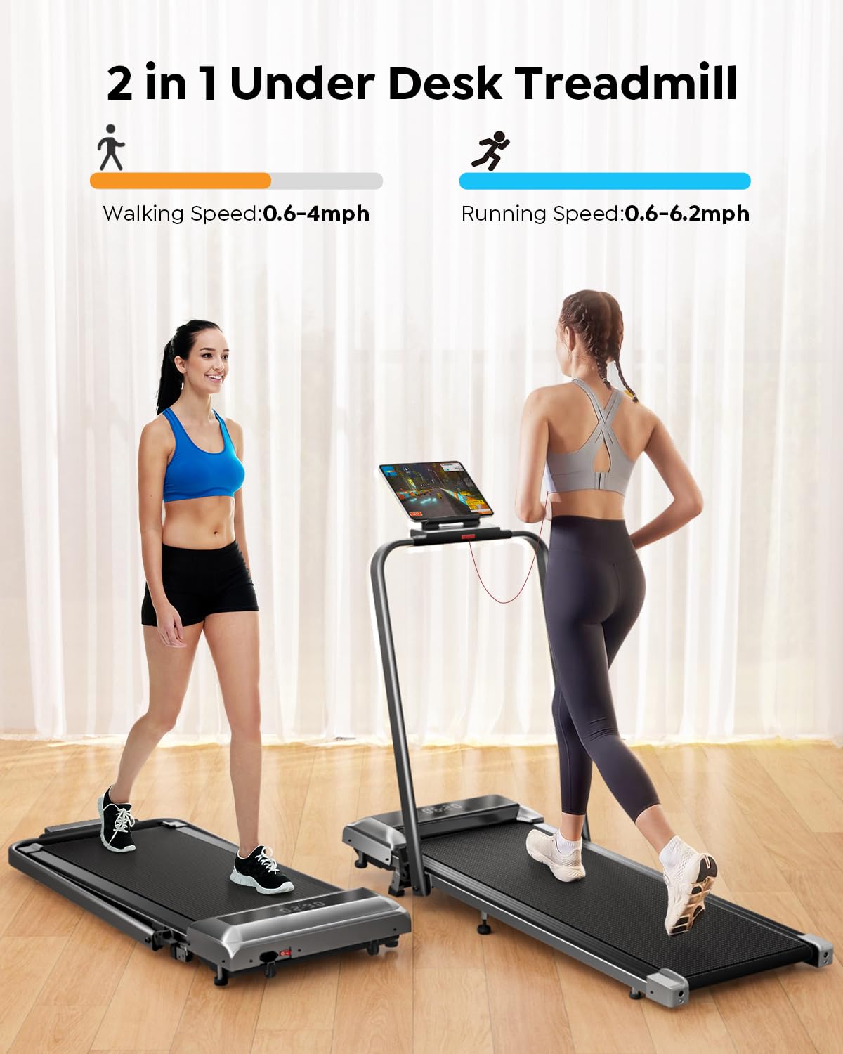 Walking Pad Under Desk Treadmill with Incline, 2 in 1 Folding Treadmills for Home Small Office, 300 lbs Capacity, Portable Compact Walking Treadmill with Remote Control, LED Display and Apps