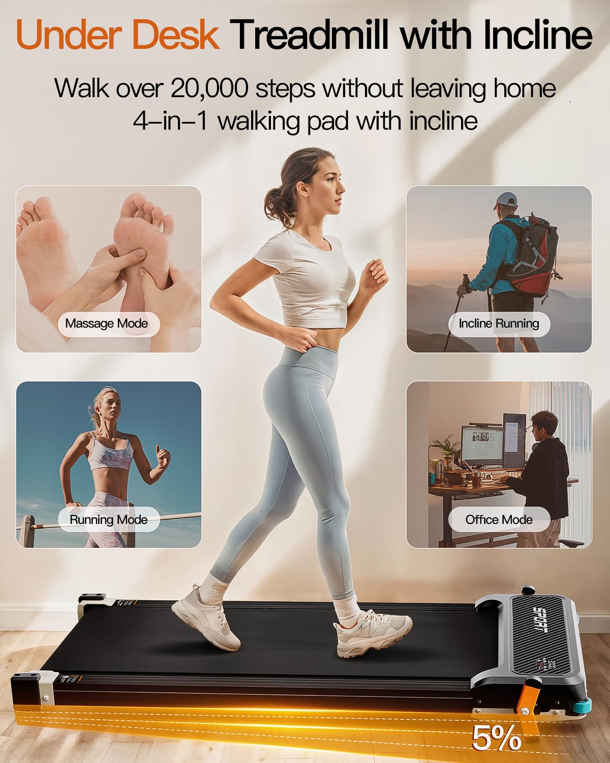 FUNRAY Versatile Walking Pad with Incline - Dual-Sided Under Desk Treadmill with Foot Massage,Portable Compact Treadmills with 330LBS Weight Capacity