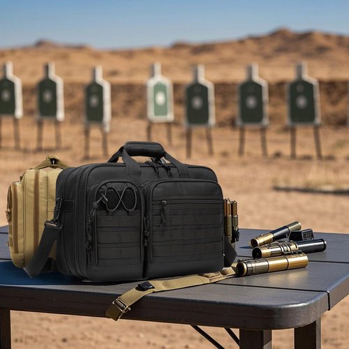 INSSTUID Tactical Gun Range Bag for Handguns and Ammo Pistol Case Shooting Range Backpack Carrying Duffle Bags Magazine Ammo Gear Accessories Molle Pouch for Hunting Shooting Sport Outdoor (Tan)
