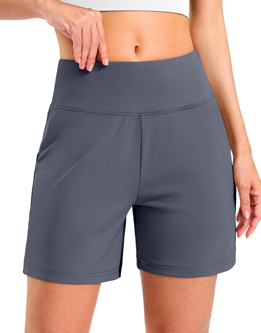 G Gradual Women's Bermuda Long Shorts with Pockets 7" High Waisted Knee Length Shorts for Women Walking Athletic Workout(Dusty Blue-L7,S)