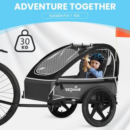 Sepnine Kids Bike Trailer, Suitable for 1 Kid, 12+ Months, Quick Attach to Bike, Foldable, with Seat Belt Harness and Storage Bags Black