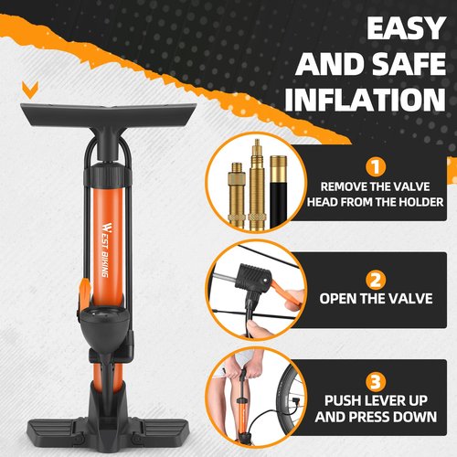 Bike Floor Pump, Bikes Pump with Gauge,Bicycle Air Pump with High Pressure 160 Psi, Bike Tire Pumps with Presta Schrader Valves, Bicycle Air Pump with Gauge, Fits Road Bikes MTB E-Bike, Ball (Orange)