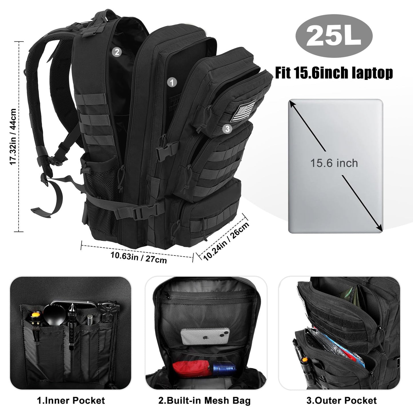 kookoomia Military Tactical Backpack 25L Day Backpack for Men Molle Army 3 Days Assault Pack Bug Out Bag Water Resistant and Heavy Duty Hiking Treeking Rucksack - Black