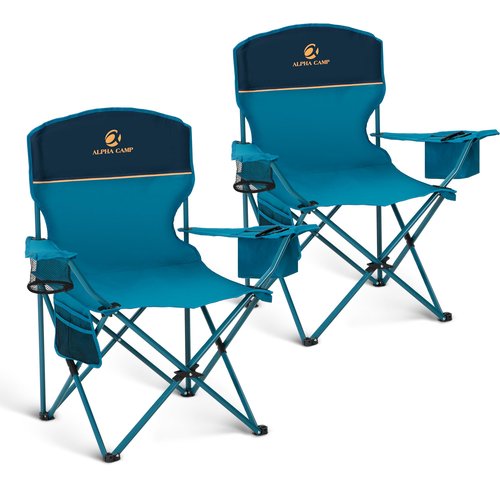 LET'S CAMP Camping Chair 2 Pack Folding Chair with 3-Can Cooler Bag Portable Lawn Chair with Cup Holder,Storage Pocket, Supports 225LBS, Collapsible Chair for Camp, Beach, Picnic (Blue)