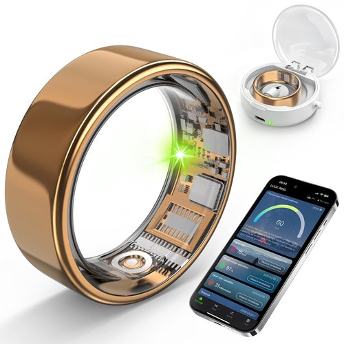 Free Shark Smart Ring with Sleep Monitoring, Step Counting, Heart Rate, Blood Oxygen for iPhone and Android, No Subscription Fee, IP68 Waterproof Health Tracker (Gold, 9)