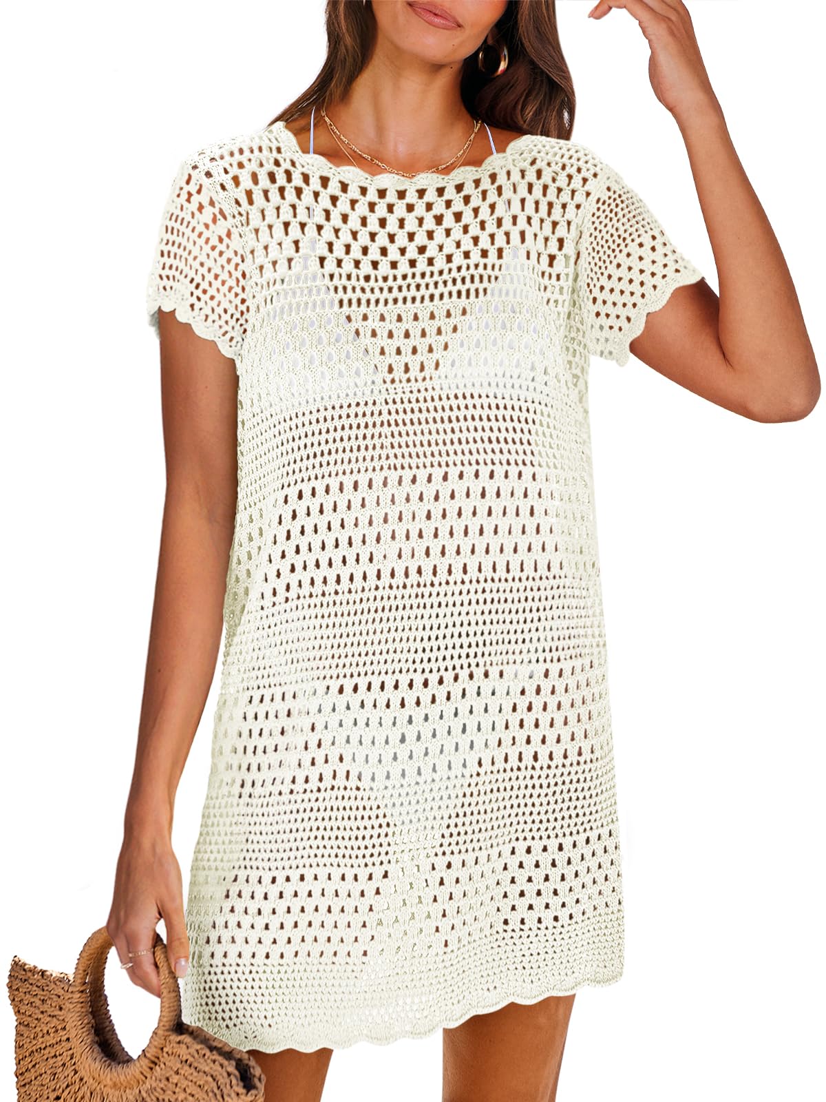 ANRABESS Women's Swimsuit Cover Ups, Mesh Knit Crochet Hollow Out, Bathing Suit for Summer Vacation, Beach Swimwear White Medium