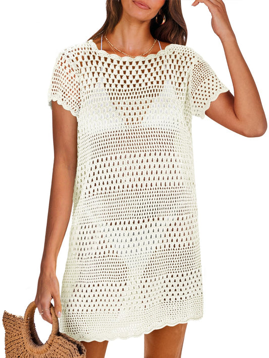 ANRABESS Women's Swimsuit Cover Ups, Mesh Knit Crochet Hollow Out, Bathing Suit for Summer Vacation, Beach Swimwear White Medium