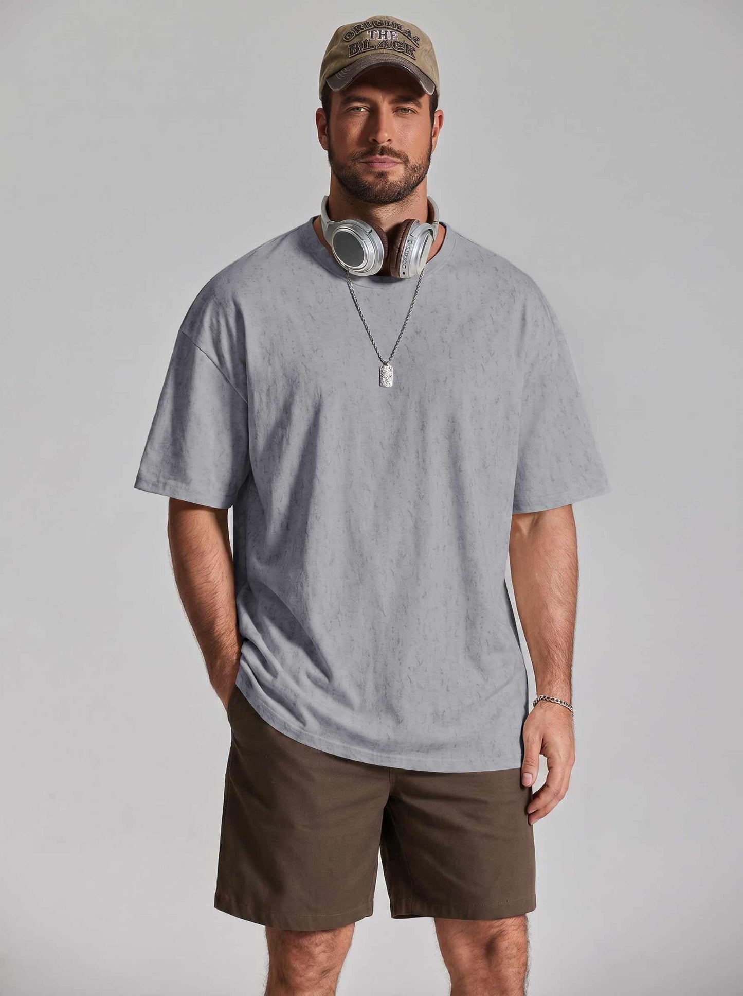 COOFANDY Mens T-Shirts Oversized Unisex Short Sleeves Cotton Tshirts Fashion Casual Loose Wash Solid Basic Tee Tops Light Grey