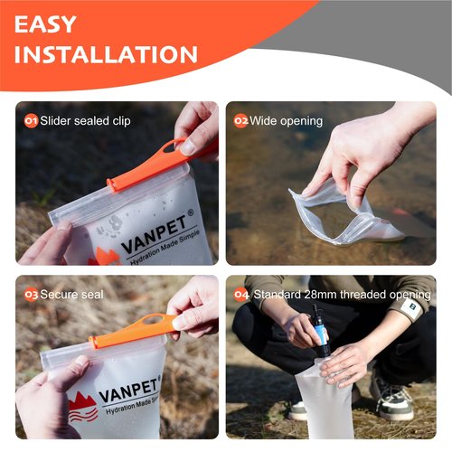 VANPET Upgrade Water Bag 2L Compatible with Sawyer Squeeze Water Filter, Durable TPU Material, BPA & PVC Free Squeeze Pouch, Collapsible Hydration Canteens for Camping Hiking Cycling (2L)
