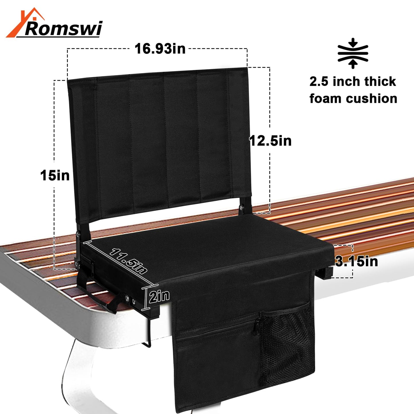 Romswi 2PK Stadium Seats for Bleachers with Back Support, Comfort Thick Padded Bleacher Seats with Cushion, Portable Folding Waterproof Bleacher Chair, with Shoulder Strap for Sports, Events, Camping