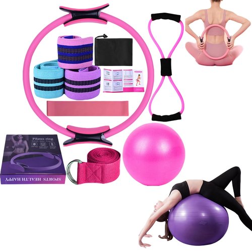 Pilates Kit, Pilates Essentials Kit for Women, Booty Bands for Working Out Glutes with Yoga Ball 25cm Figure 8 Resistance Yogas Bands (Pink,One Size)