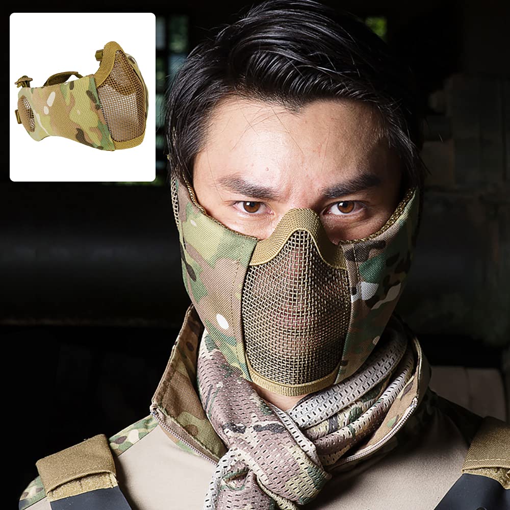 AOUTACC Airsoft Mesh Mask, Half Face Mesh Masks with Ear Protection for CS/Hunting/Paintball/Shooting (Mesh Ear, MC09)