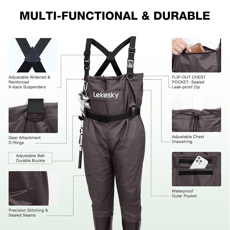 Lekesky Fly Fishing Chest Waders with Boots – 2-Ply Nylon/PVC, US 5–14, Brown + M10 Variation