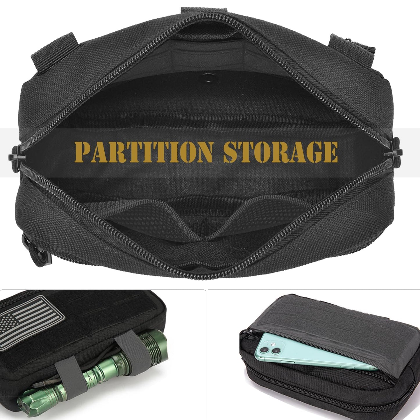 2 Pack Tactical Molle Admin Pouch with US Flag Patch and Keychain - Utility Laser Cut Tactical EDC Tool Pouch Bag Horizontal Modular Pouches Utility Tool Pouch (Black)