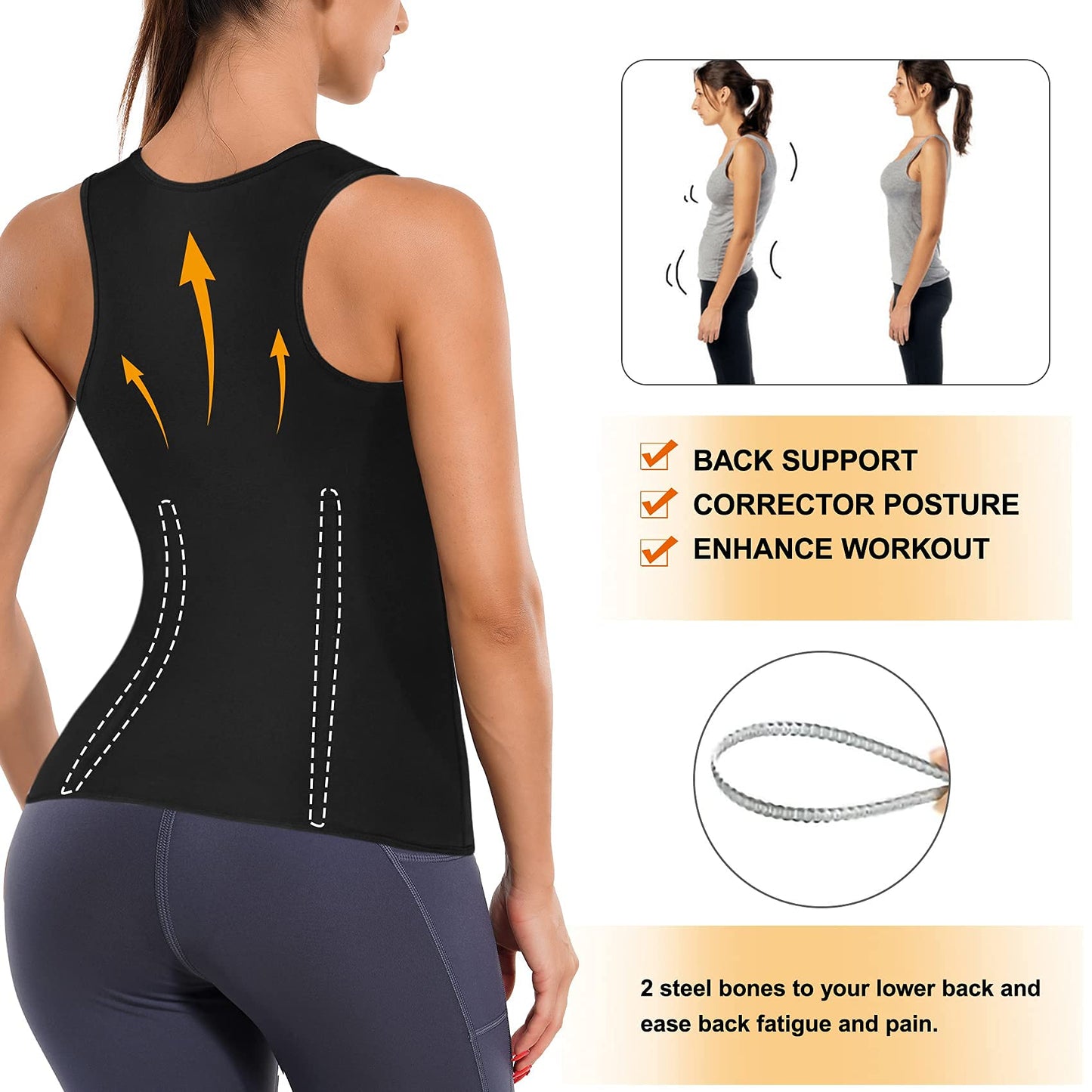LANCS Sauna Suit for Women Sweat Waist Trainer Zipper Vest Cincher Body Shaper Corset Slimming Workout Tank Tops (Black, Large)