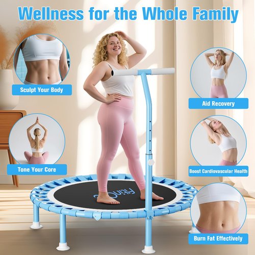 FitinOne 40" Fitness Mini Trampoline with Adjustable Handle Bar, 330lbs Foldable Bungee Rebounder for Adults and Kids, Stable & Quiet Exercise Rebounder Indoor Workout