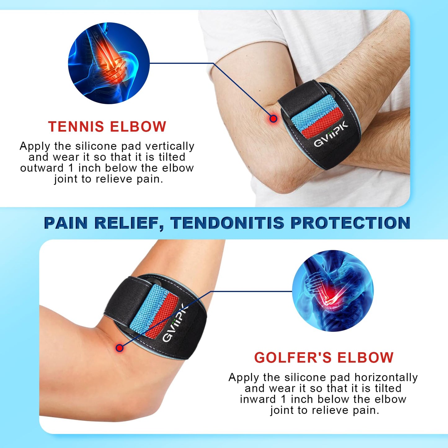 Gviipk Upgraded Tennis Elbow Brace for Men Women, Adjustable Golfers Elbow Support Strap Band for Tendonitis, Forearm Brace with Pressure Warning Design, Compression Pad for Forearm Tendon Pain Relief