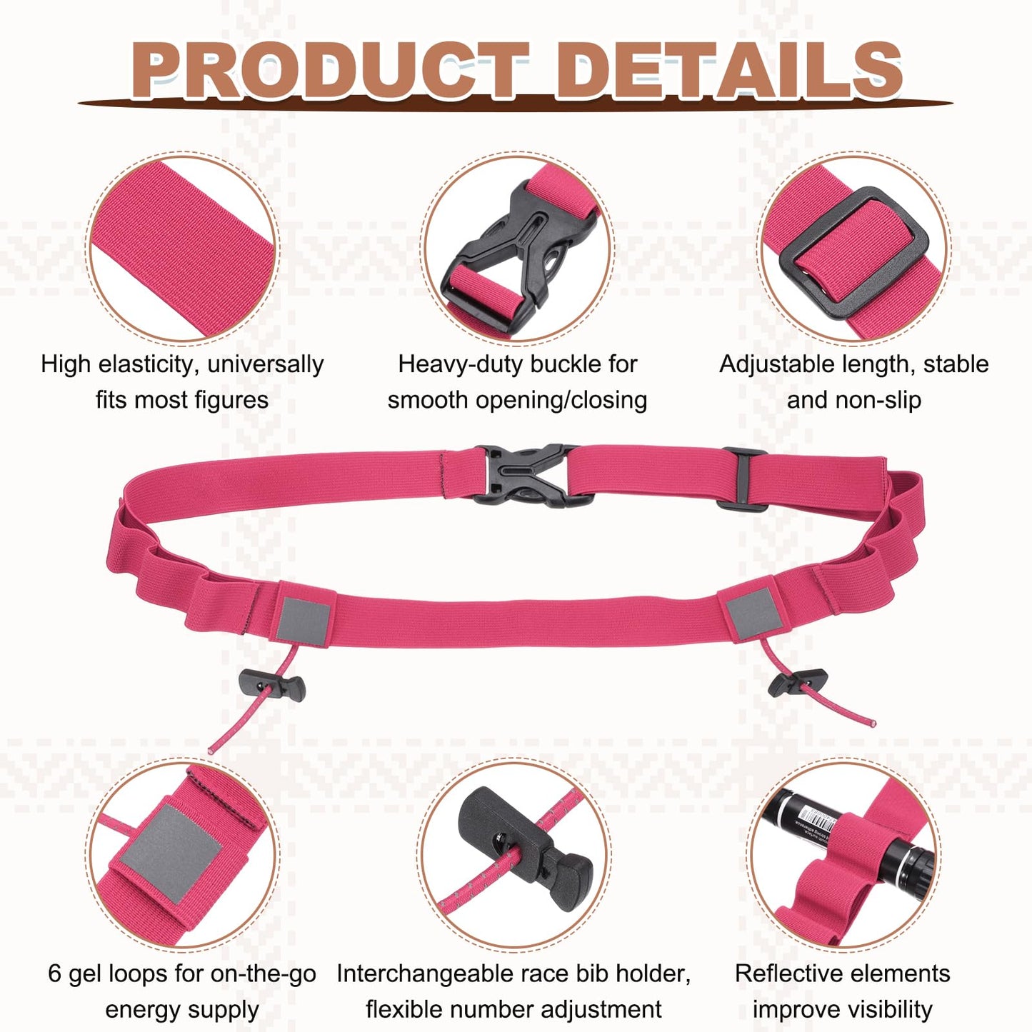 YELARXI Bib Belt, Race Belt Triathlon Running Number Holder Elastic Comfortable with 6 Gel Loops, Sport Race Bib Holder 2Pcs, Rose Red for Runners/Marathon/Cycling