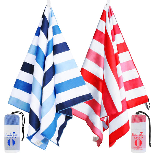 Exclusivo Mezcla 2 Pack Microfiber Quick Dry Beach Towels, Large Lightweight Sandfree Pool Towels for Swimming Camping Travel with Bag (Blue and Red, 30x60 Inches)