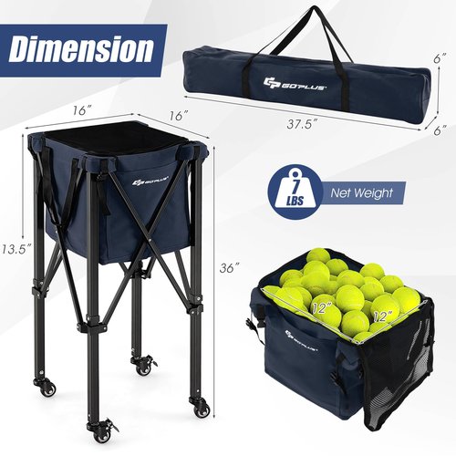 Goplus Foldable Tennis Ball Hoppers, Lightweight Aluminum Tennis Ball Basket with Wheels, Removable Bag, Side Pockets, Carry Bag, Portable Sports Teaching Cart Holds 150 Tennis Balls (Blue) …