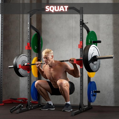 RUNFREELY SR007 2"X2" Squat Half Rack with Multi Grip Pull Up Bar and Plate Storage, 1000LBS Capacity Power Cage for Home Gym Weightlifting and Bench Press