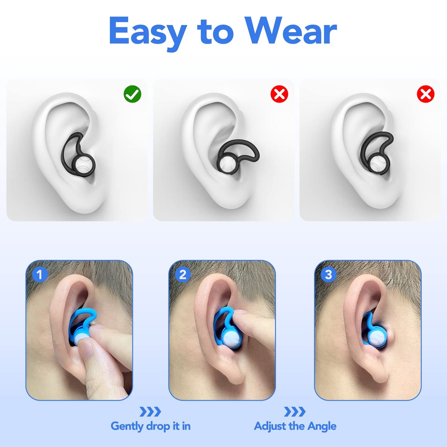 Swimming Ear Plugs Waterproof Earplugs - 3 Pairs Silicone Swim Ear Plugs for Adult Kids, Water Sports Earplugs for Showering, Bathing, Surfing - Keep Ear Water Out (Blue, Black)