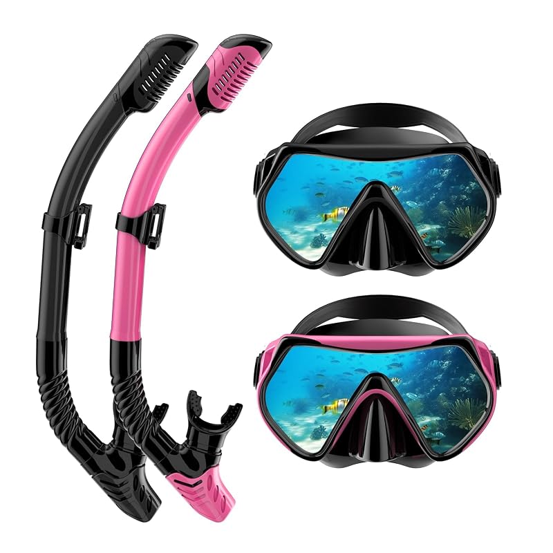 Qheng 180° Panoramic Snorkeling Mask & Dry Top Snorkel Set - Black+Pink