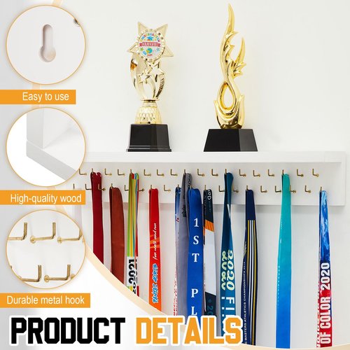 Threehoney Wooden Medal Holder Display Trophy Hanger Shelf with 25/37/49 Hooks for Wall Mount Ribbon Holder Gift for Gymnastics Running Soccer Awards(24 x 4 x 4 Inch,White Shelf Golden Hooks)