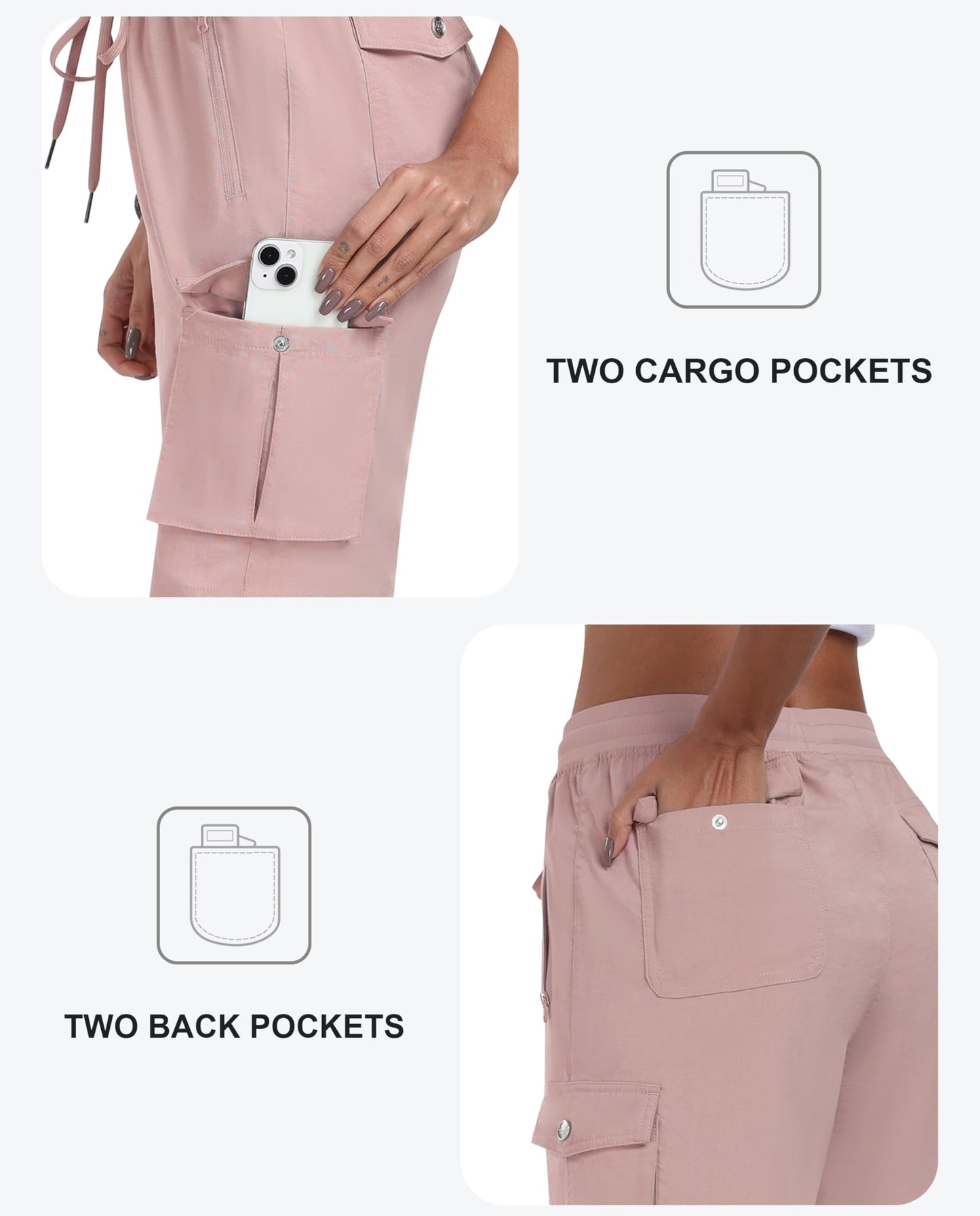 MoFiz Women's 10" Hiking Cargo Shorts Stretch Active Running Long Knee Length Shorts Quick Dry Outdoor Running Summer Shorts with Pockets Dusty Pink XL