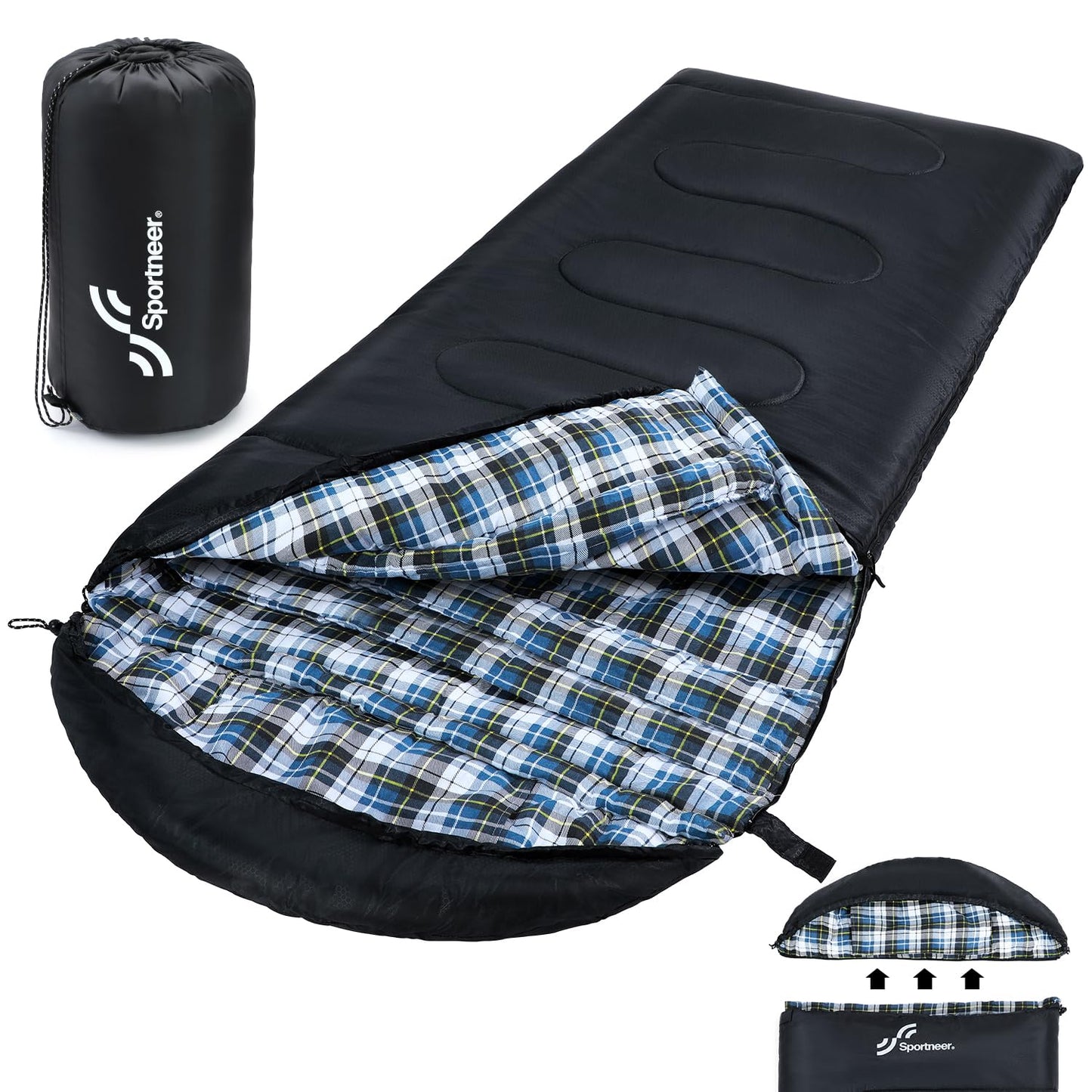 Sportneer 0 Degree Sleeping Bag for Cold Weather, XL Winter Sleeping Bag for Adults, Flannel Lined Camping Sleeping Bag, 32°F–59°F Rated, 87" x 33.5", 4.4 lbs, Detachable Hood, Compression Sack