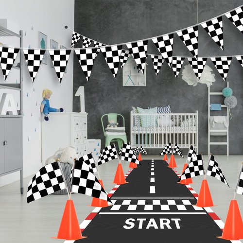 AHIER 38 Pcs Traffic Cones and Racing Flags Set - 12 Plastic Cones With Hole, 24 Checkered Flags With Sticks, 6.5Ft Racetrack Floor Runner and 9.8ft Race Track Banner