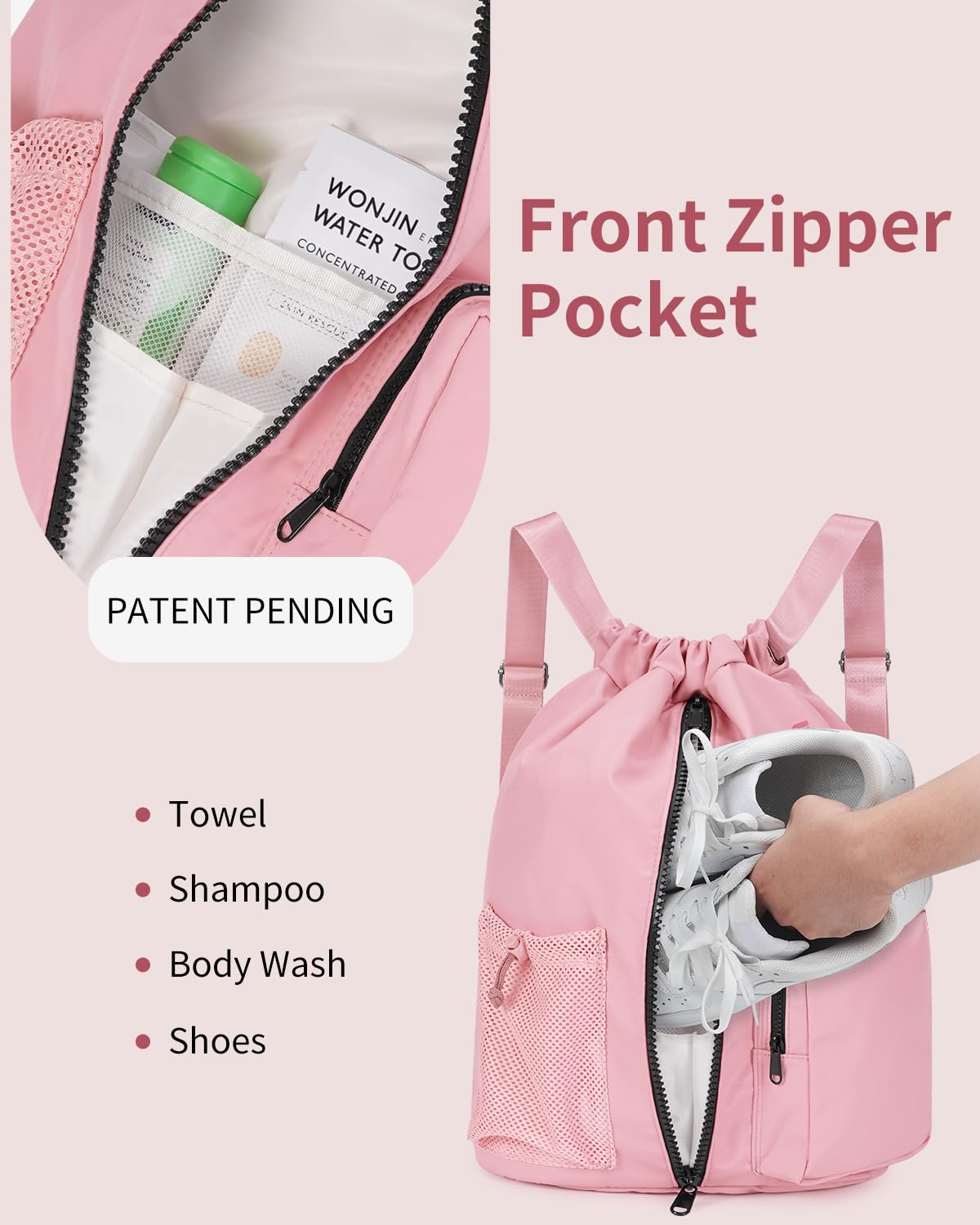 WANDF Drawstring Backpack with Shoe Compartment, Sports Gym Bag